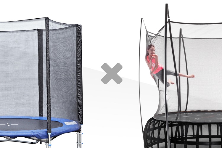 Two trampolines side by side comparing the safety netting