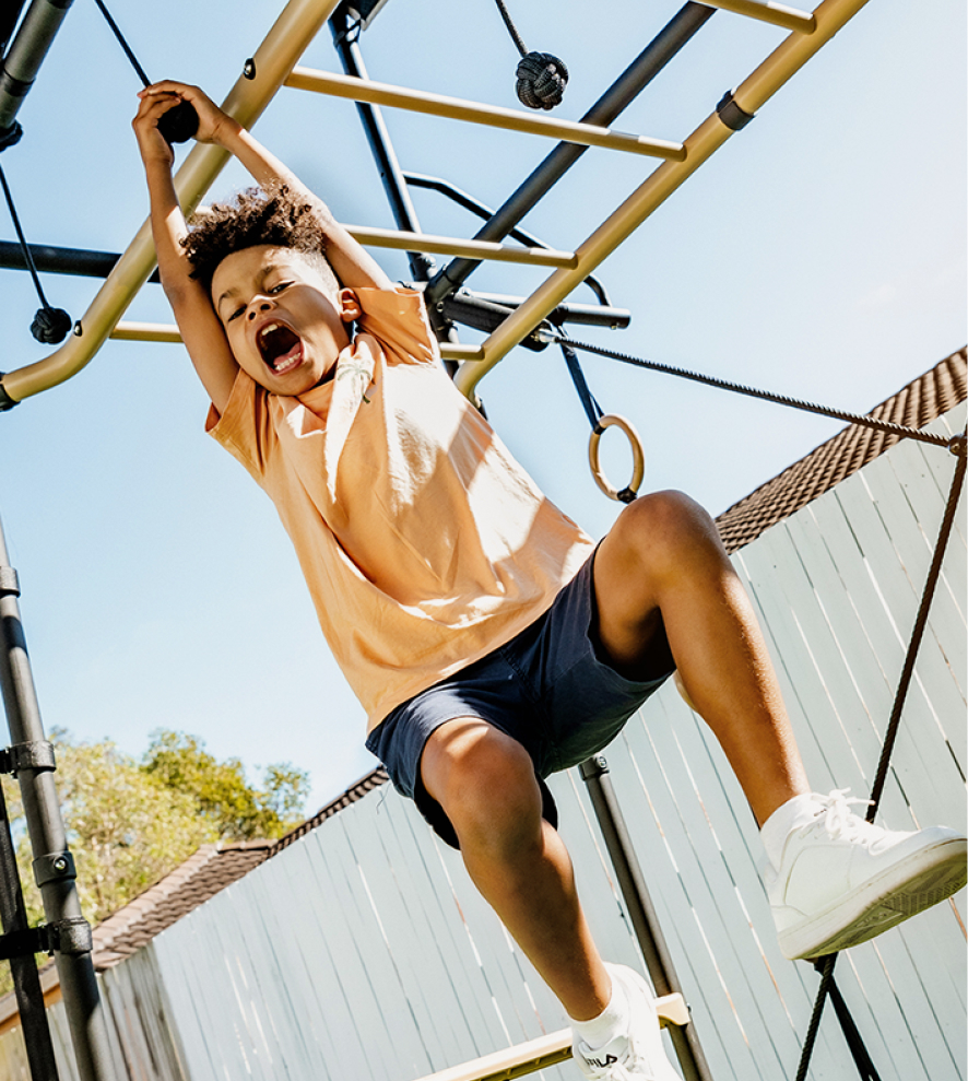 Child swinging on monkey bars