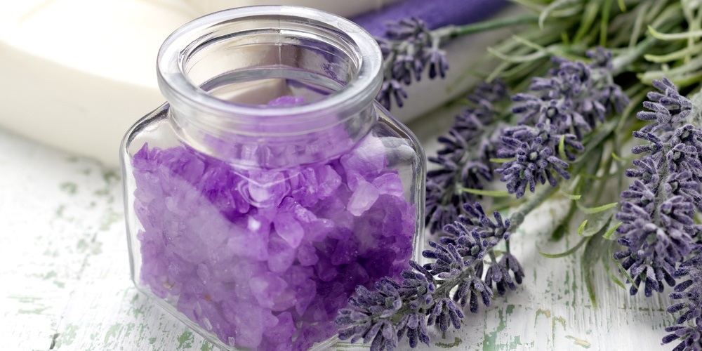 Lavender bath salts in a glass jar