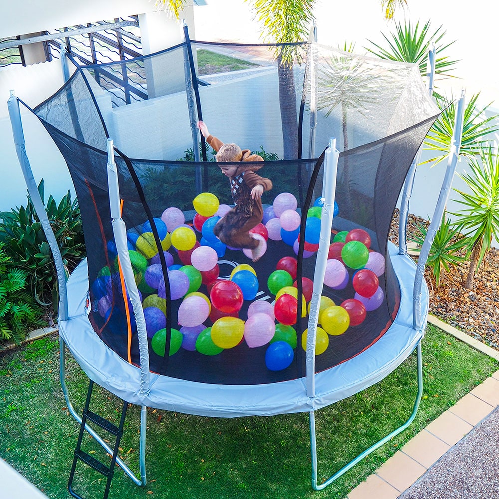 Balloons on trampolines. 