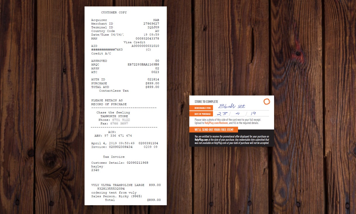 Example of redeem receipt and card