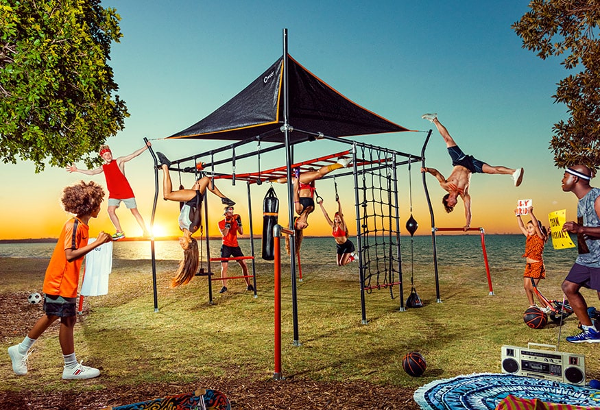 Kids playing on monkey bars