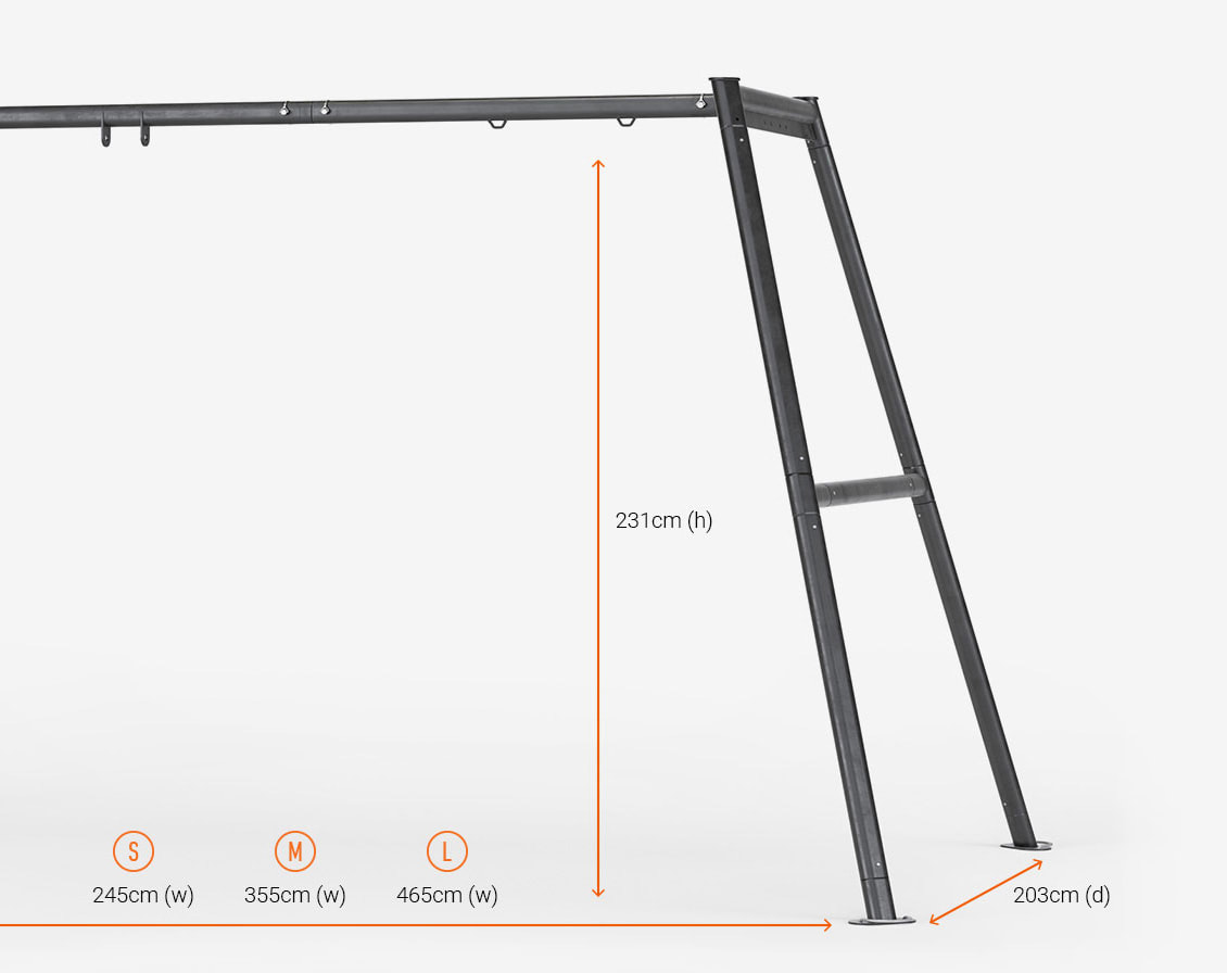 The Vuly Swing Set frame dimensions in centimetres.