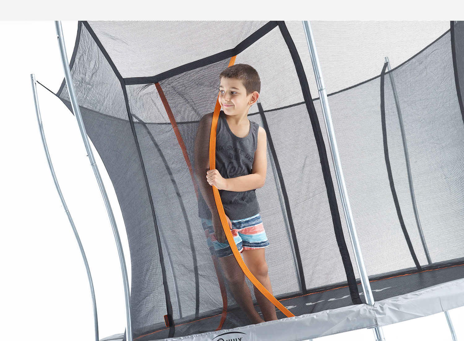 Touch only the trampoline's jump mat or enclosure - never the coils or frame.