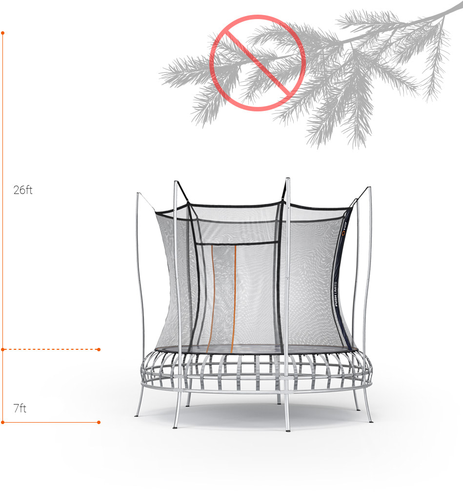 Place your trampoline on impact-absorbing surfaces avoiding overhead obstructions.