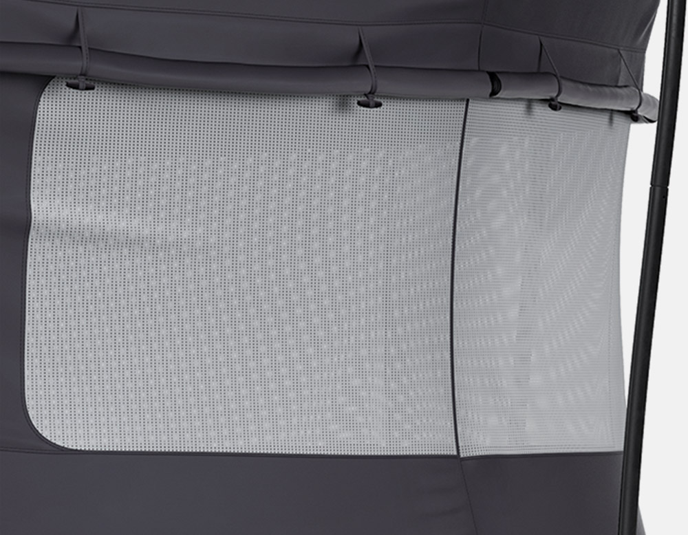 Mesh window in trampoline tent.